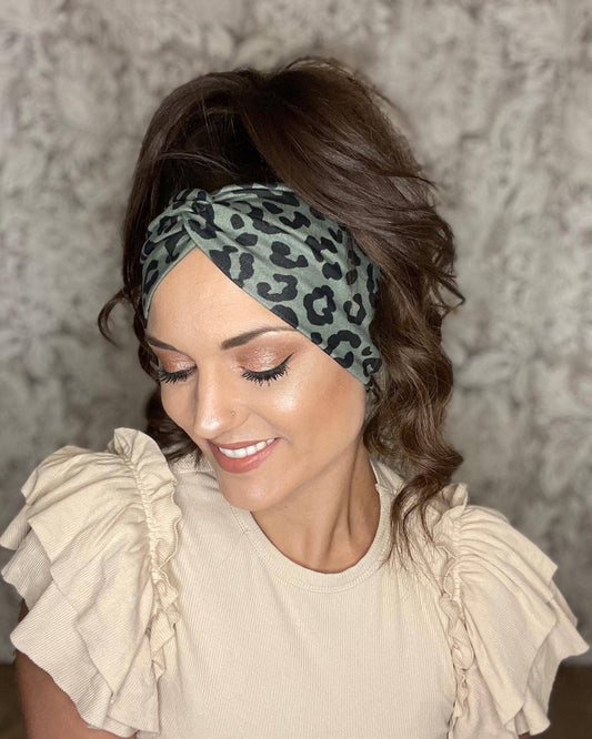 Womens wide olive Leopard twisted headband