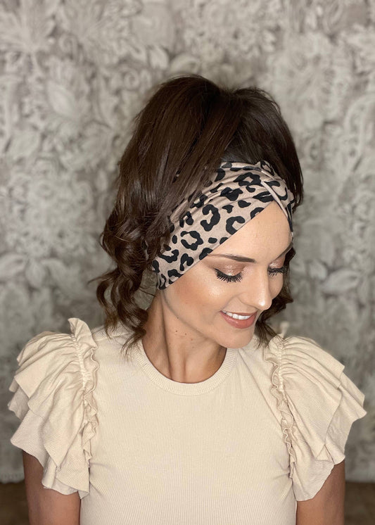 Womens wide mocha Leopard twisted headband