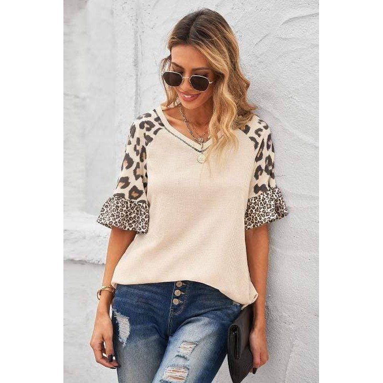 Leopard Ruffle Sleeve Waffle Knit Top