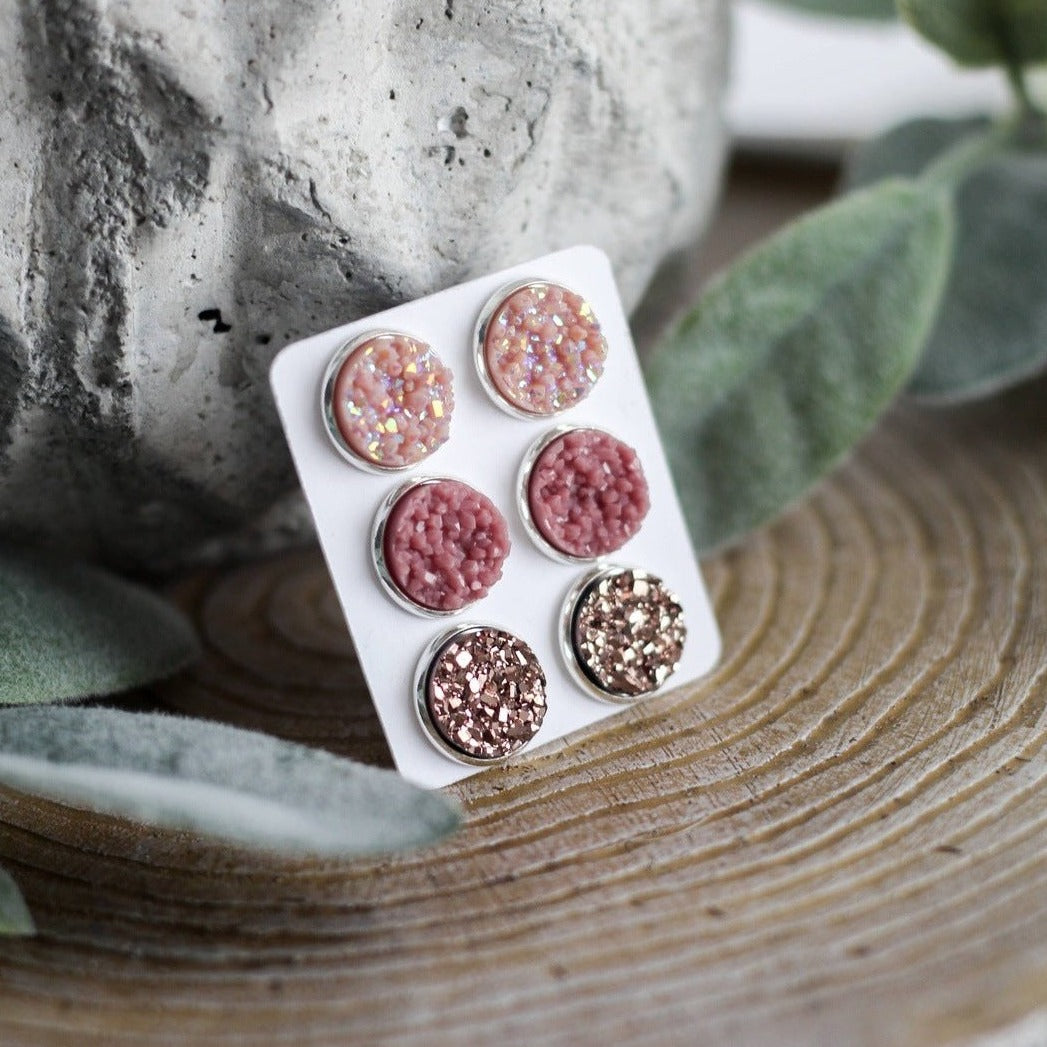 Blushed Druzy Triple Earring Set