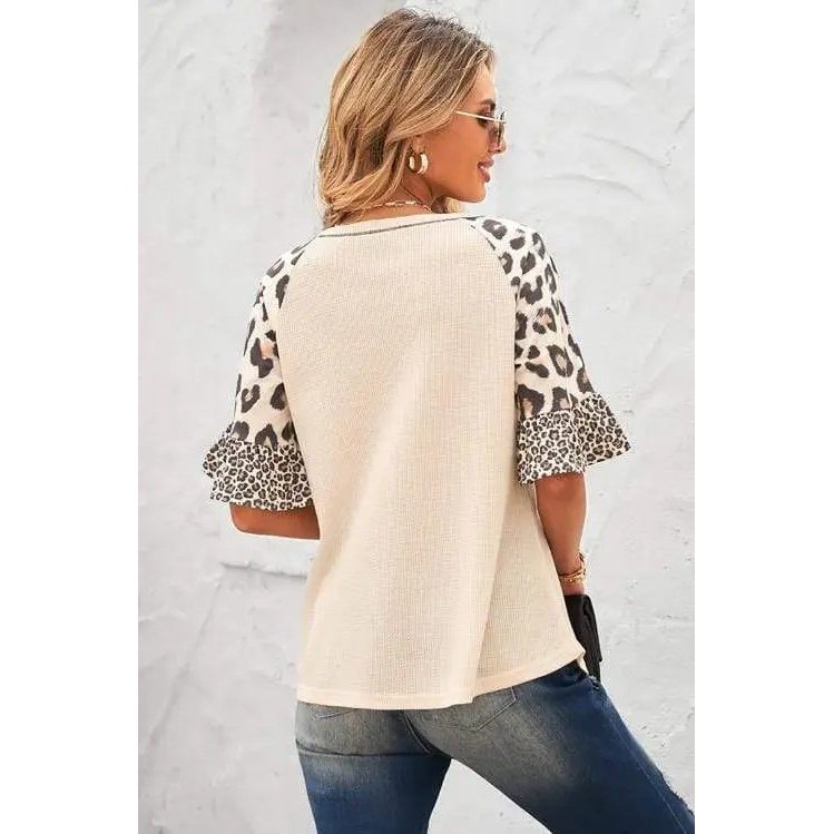 Leopard Ruffle Sleeve Waffle Knit Top