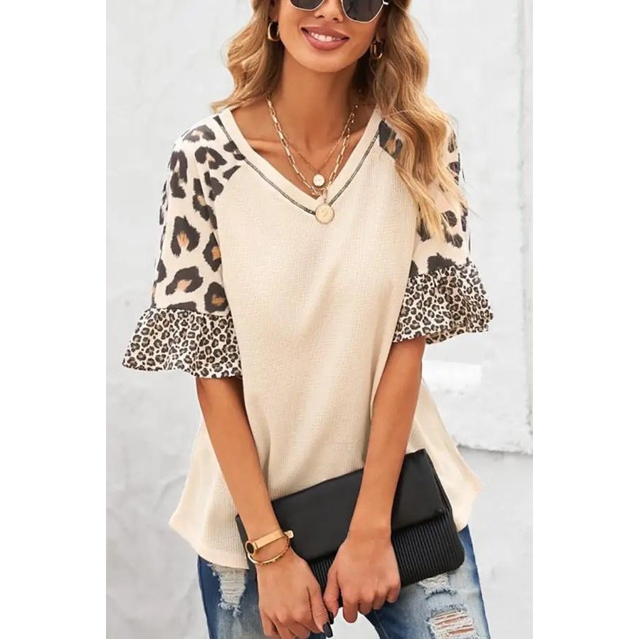 Leopard Ruffle Sleeve Waffle Knit Top