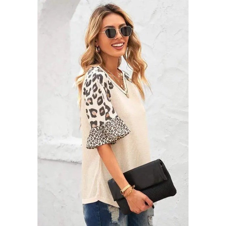 Leopard Ruffle Sleeve Waffle Knit Top